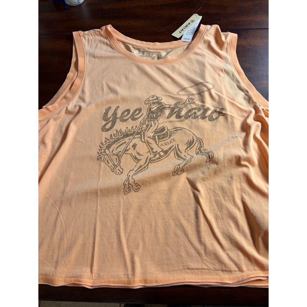 Ariat Women Peach Yee Haw Cowboy Graphic Muscle Tank Top XL NWT